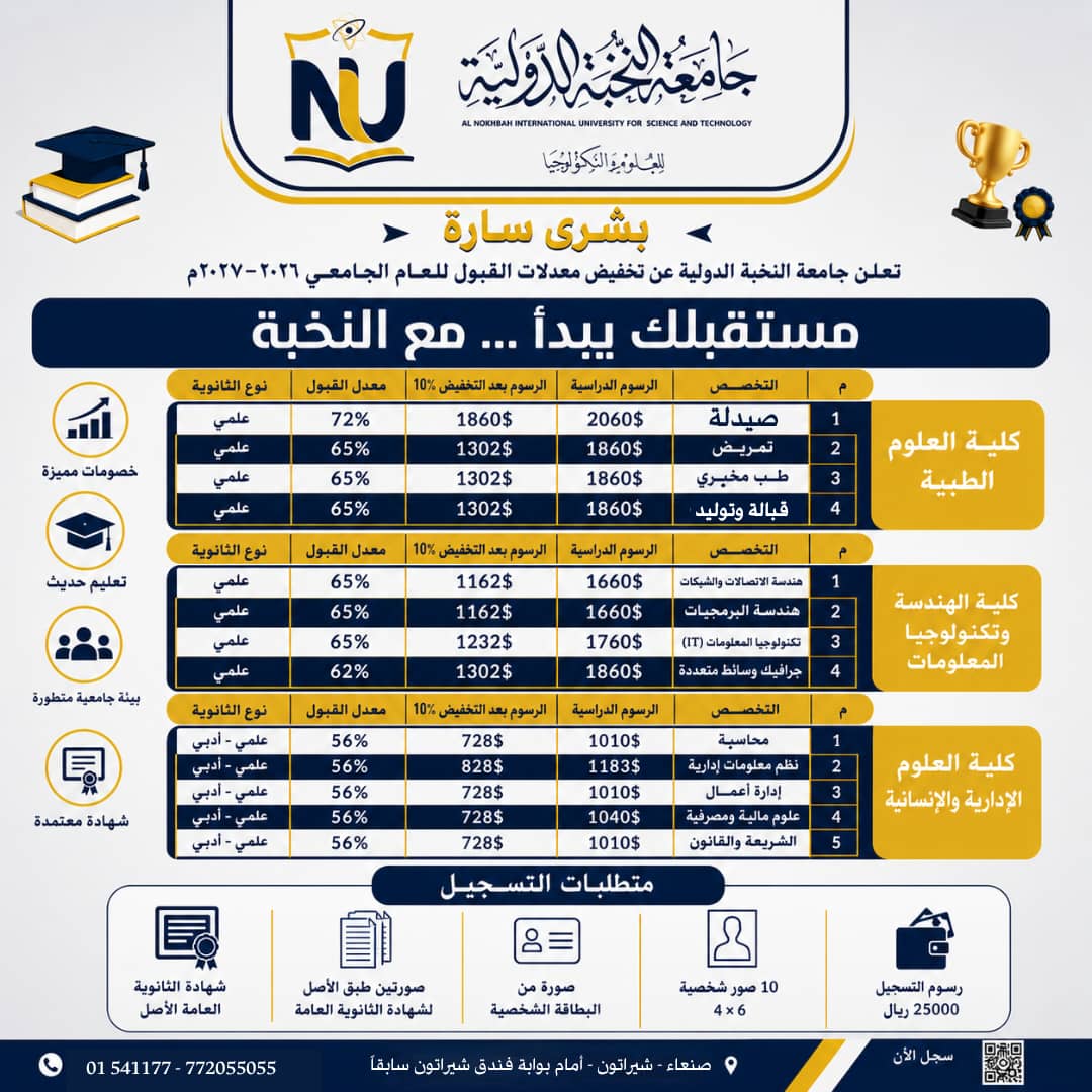 ???? إعلان هام  تُعلن جامعة النخبة الدولية للعلوم والتكنولوجيا عن افتتاح التسجيل في التخصصات الجديدة للعام الج�